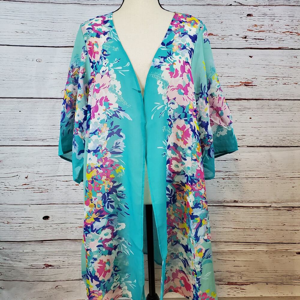 Avenue SS Open Front Chiffon Cardigan Women's 18/20 Teal Floral Lightweight NWT